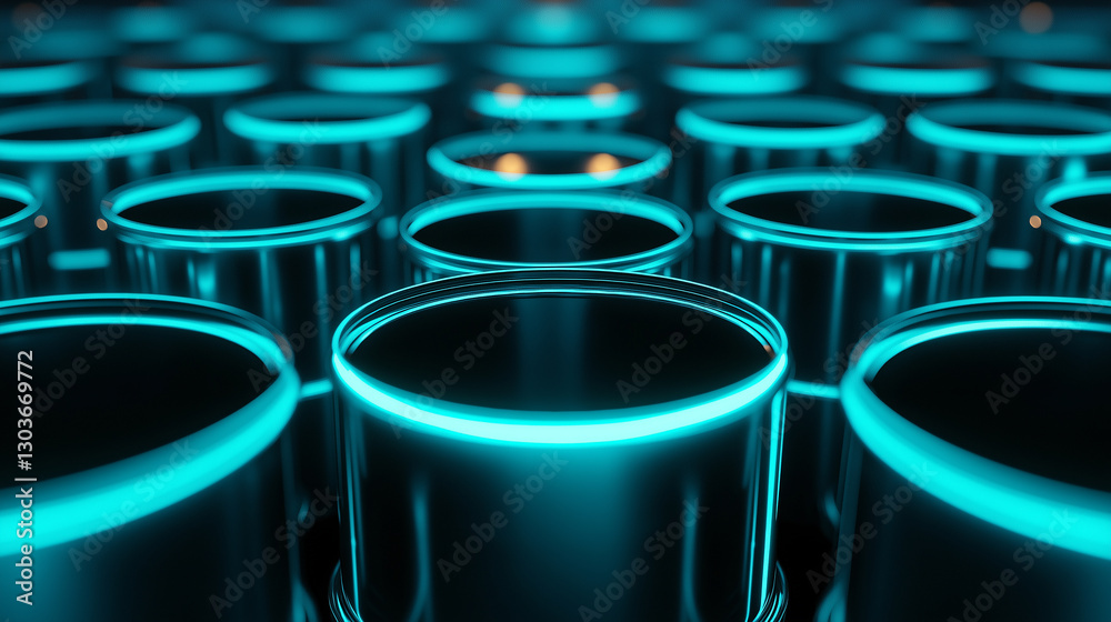 Poster many black cylinders with glowing turquoise edges forming a grid pattern