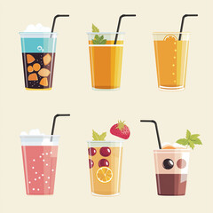 Vector illustration of trendy beverages and snacks in flat design style, featuring vibrant drinks, crispy fries, citrus fruits, and refreshing ice cubes, ideal for food menus and branding.