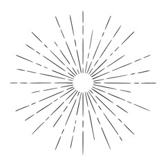 Vector hand drawn illustration of light rays, firework, sunburst. Vintage style element, round frame, isolated on white background.