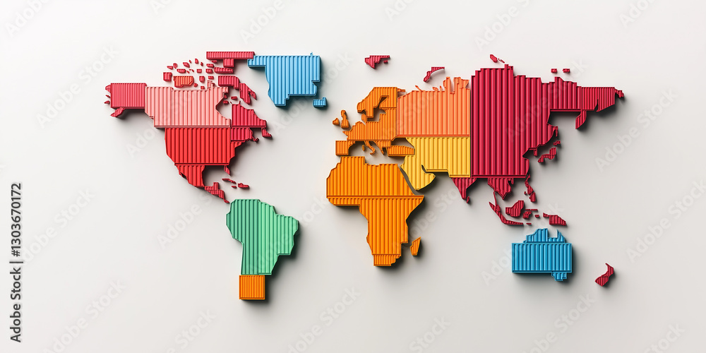 Poster colorful world map representing global shipping and logistics with intermodal containers