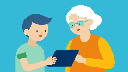 Tech Support An illustration of a family member teaching an elderly person how to use a tablet or smartphone symbolizing technology training and connectivity.