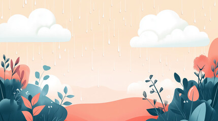 Spring or summer rain falls from light clouds on kolorful flowers, fields and mountains. Watercolor landscape. 