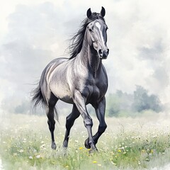 Fototapeta premium Wild Horses on Meadow clipart is a watercolor illustration that has been digitally designed in a watercolor style
