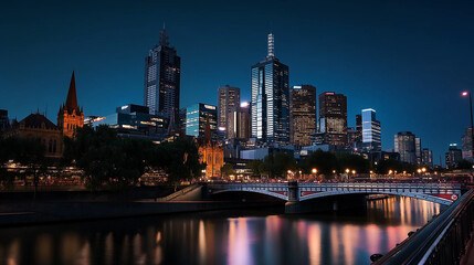 Fototapeta premium Melbourne skyline reflecting on yarra river at dusk