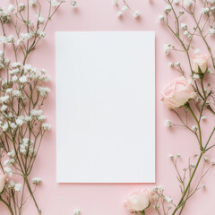 Elegant White Card Mockup with Baby’s Breath Flowers and a pink rose on Pastel Pink Background – Valentine's Day Theme