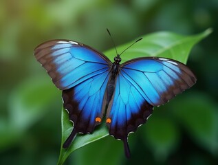 Blue Butterfly on Green Leaf