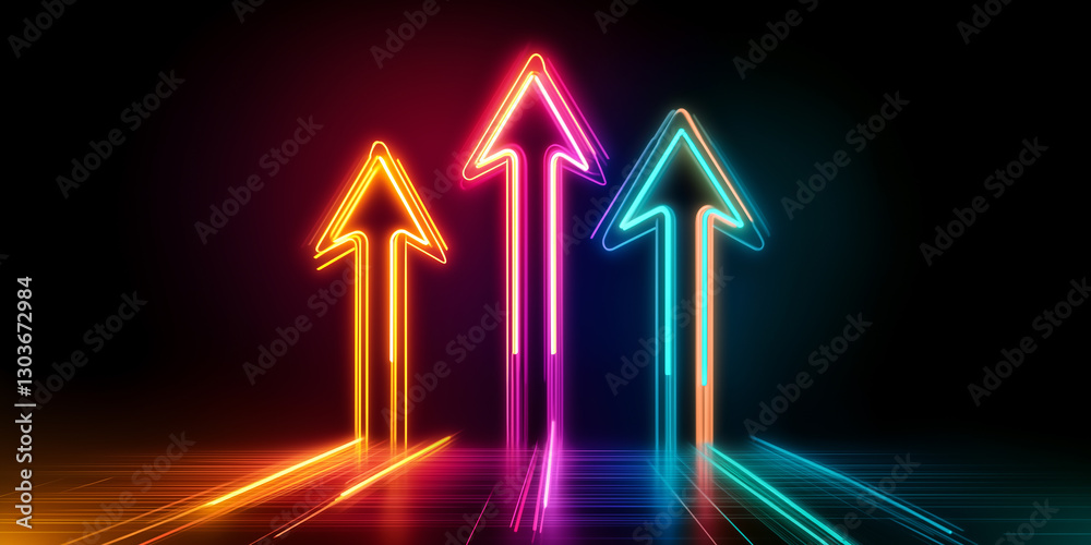 Poster glowing neon arrows pointing upwards symbolizing growth and progress