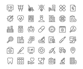 Hospital icons. Outline symbols collection. Premium vector line icons set