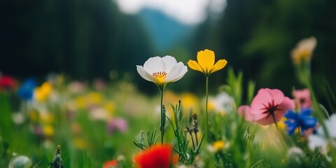Colorful wildflowers meadow, nature background, ideal for spring, summer, or garden