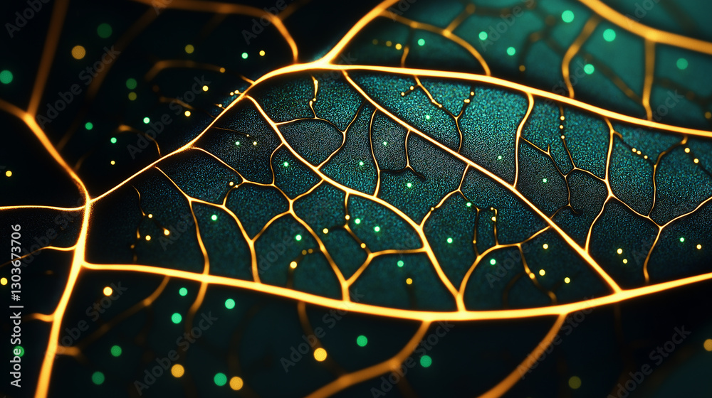 Aufkleber Golden veins glowing on dark green leaf texture creating an abstract pattern