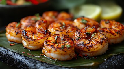 Spicy Grilled Shrimp, Banana Leaf, Restaurant, Food Photography