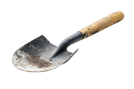 A well-used garden trowel resting on a clean surface, ready for planting and nurturing green life isolated on transparent background