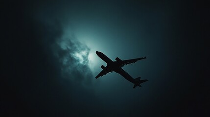 A silhouette of an airplane flying through dark, cloudy skies, capturing a dramatic moment.