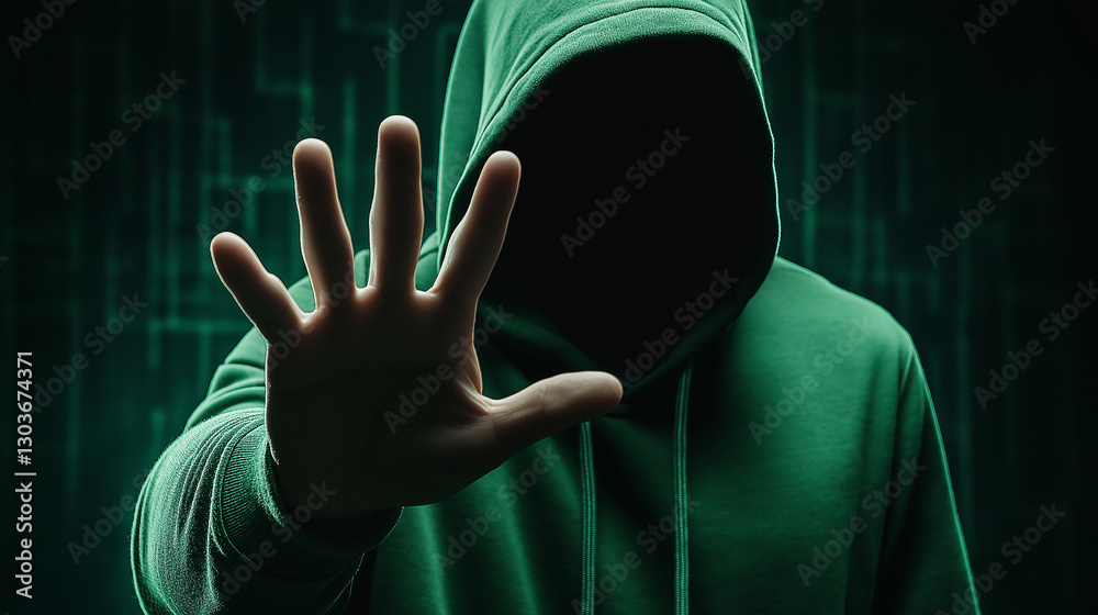 Poster Hooded hacker making stop sign with hand in front of digital code background