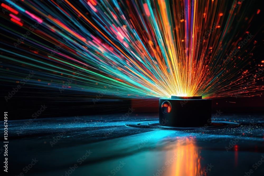 Poster scanner captures colorful light beams radiating from a central point against a dark background, movi