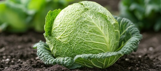 Fototapeta premium Fresh, Organic Savoy Cabbage Growing in a Garden Close-Up of a Ripe, Green Vegetable