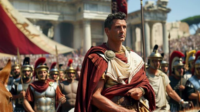 Ancient Roman warlord like Julius Caesar on army background, soldiers and general in Rome city. Concept of military, warrior, Empire. 