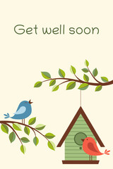 Get well soon - Schriftzug in englischer Sprache - Gute Besserung. Grußkarte mit Vogelhaus und Vögeln.