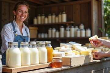 Farmer handing cheese sample at market stand with dairy products