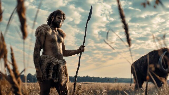 Neanderthal man looks at mammoth, primitive human holding spear hunts animals, caveman of prehistoric era outdoor. Concept of ancient people, hunter. 