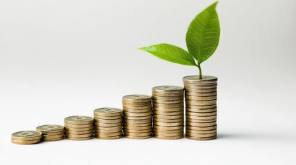 Growing Investment, Coins Stacking Upward, Green Leaf, Investment Growth, Business Concept, Stock Photo, White Background, Financial Success