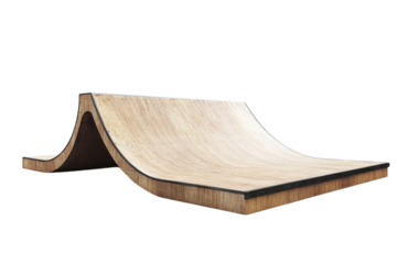 A dynamic wooden halfpipe for skateboarding enthusiasts to enjoy at sunset isolated on transparent background