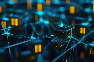 Animation showing data blocks being collected in a digital network environment, Animation depicting data blocks being shared on a network