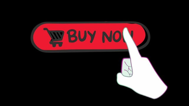 Animation of a red rectangle "Buy Now" sticker on a black background, transparency and alpha channel in flat style