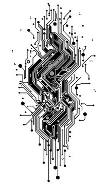 An abstract black and white image in the style of a circuit board. Geometric lines, dots and nodes create a techno-art design reminiscent of a tattoo style with cyberpunk elements.