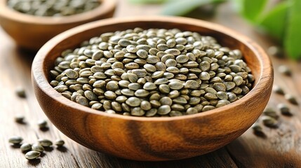 Fototapeta premium Hemp seeds in wooden bowl on rustic table, green leaves in background. Use healthy food, dietary supplement