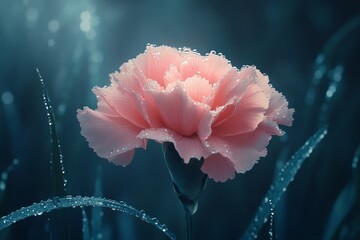 carnation flower with a soft pink shade surrounded by dew droplets