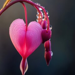 Bleeding Heart, drooping gracefully with dew drops clinging to the softly curved petals