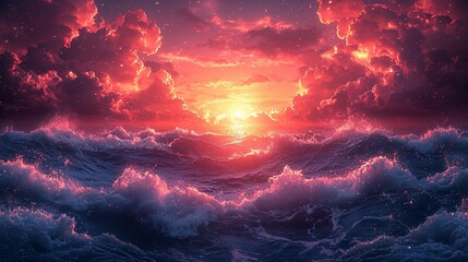 Naklejka premium Fiery sunset over dramatic ocean waves.