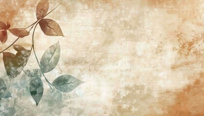 Cream Light Brown Textured Watercolor Background With Detailed Pastel Green Floral Design On Left