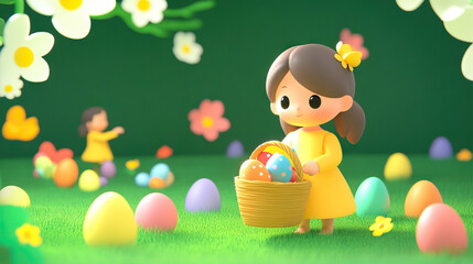 Obraz premium illustration children eggs hunt for Easter beautiful spring day unlight , drawing for a children book
