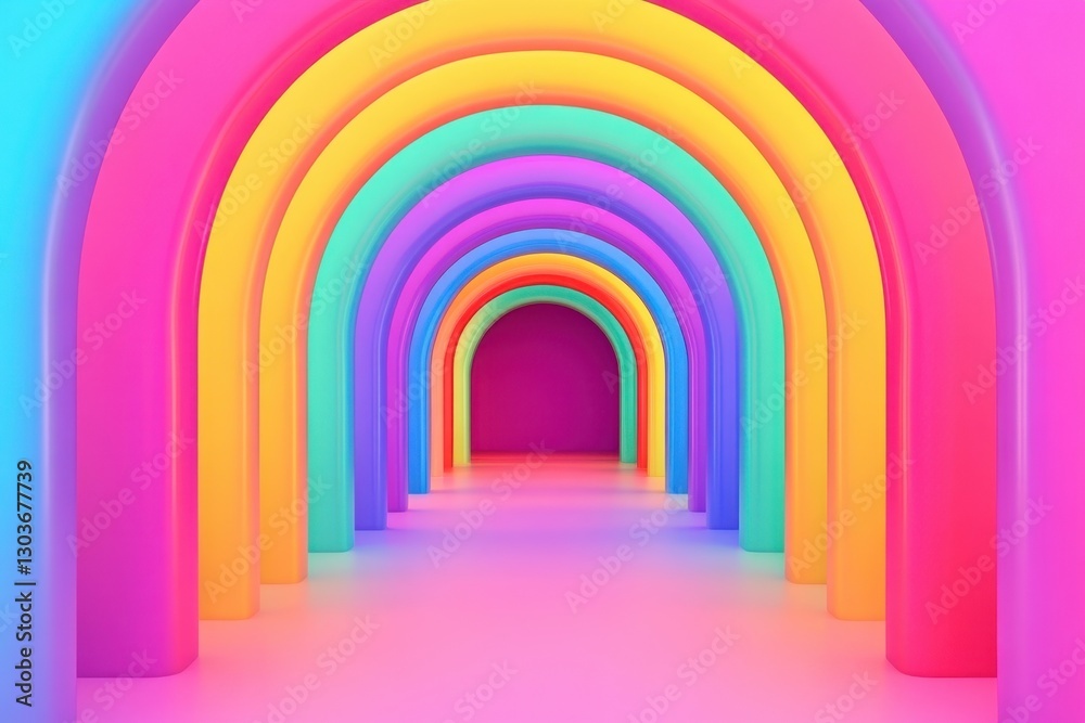 Poster Vibrant rainbow arches create a mesmerizing corridor of color in an artistic space, Colorful rainbow arches with vibrant gradient hues