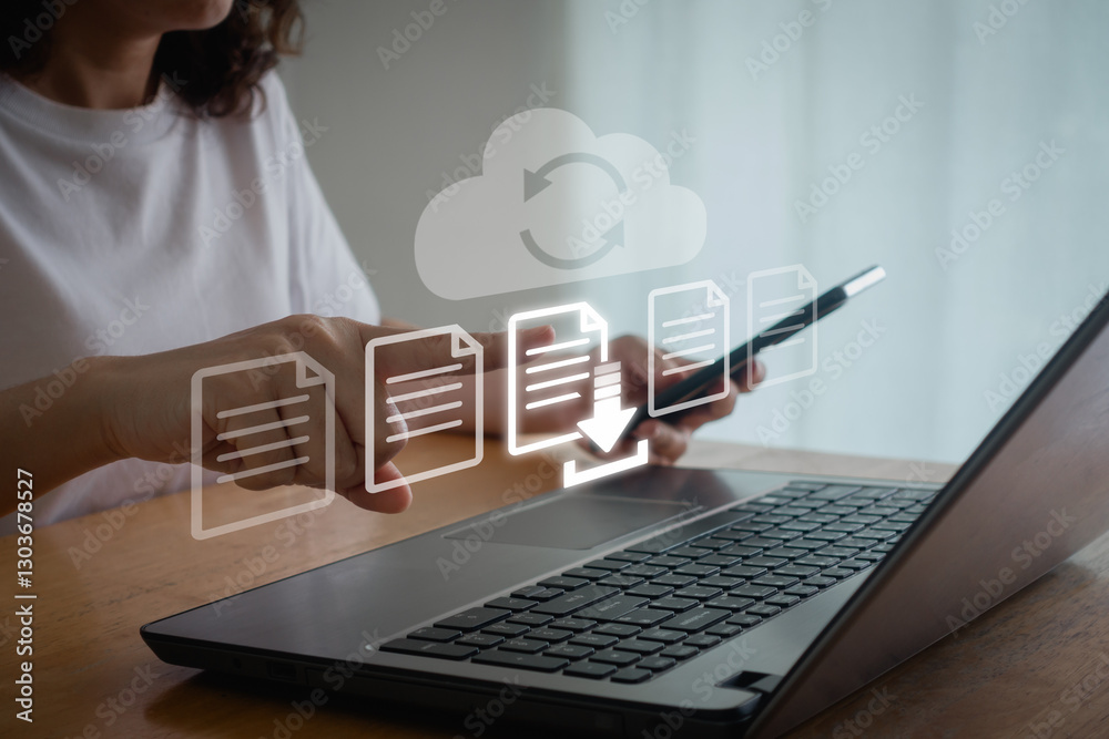 Leinwandbilder transfer files data system relocation on cloud system technology concept. business person hand using