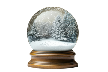 Magical winter wonderland captured within a classic snow globe resting on a wooden base isolated on transparent background