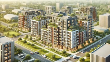 Fototapeta premium Modern Residential Building with Distinctive Archway, Glass Windows & Yellow Accents