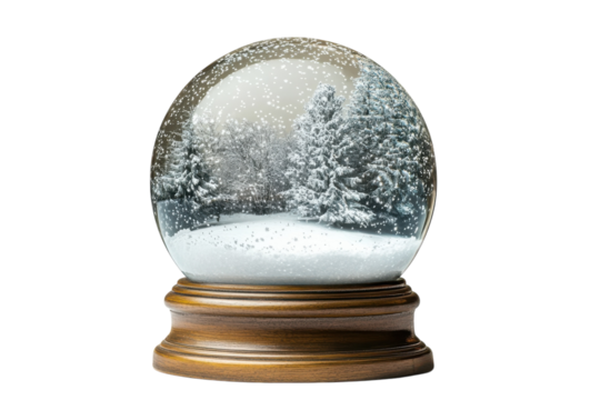 Magical winter wonderland captured within a classic snow globe resting on a wooden base isolated on transparent background