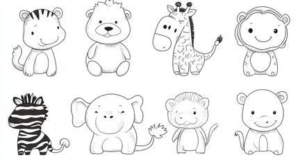 Cute cartoon animals, kids illustration, various creatures, educational resource, printable coloring page