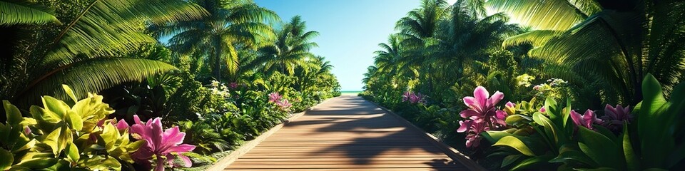 Obraz premium A vibrant tropical boardwalk surrounded by lush greenery, with exotic flowers blooming alongside, under a clear, sunny sky.