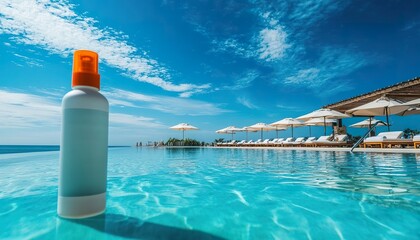 A sunscreen spray bottle beside a clear blue pool, surrounded by sun loungers and umbrellas, with a bright summer sky.