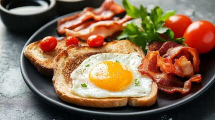 A delightful breakfast spread showcases golden sunny side eggs nestled on toast, surrounded by crispy bacon, plump cherry tomatoes, and a sprinkle of fresh parsley, creating a colorful feast