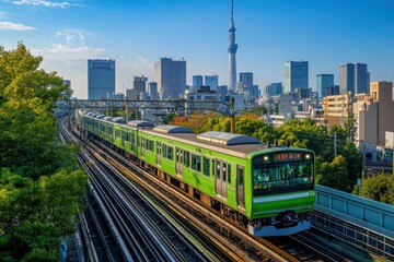 Naklejka premium Lapse automatic train speeds through Tokyo city with skyline view, 4KTime lapse automatic train fast speed at Tokyo city of Japan