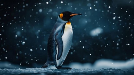 Fototapeta premium A solitary penguin stands amidst falling snow in a dark setting.
