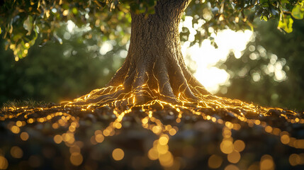 A mighty tree's roots stretch, glowing with ethereal light, connecting nature and magic in a stunning natural display.