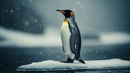 Obraz premium A solitary penguin stands on an ice floe amidst falling snow.