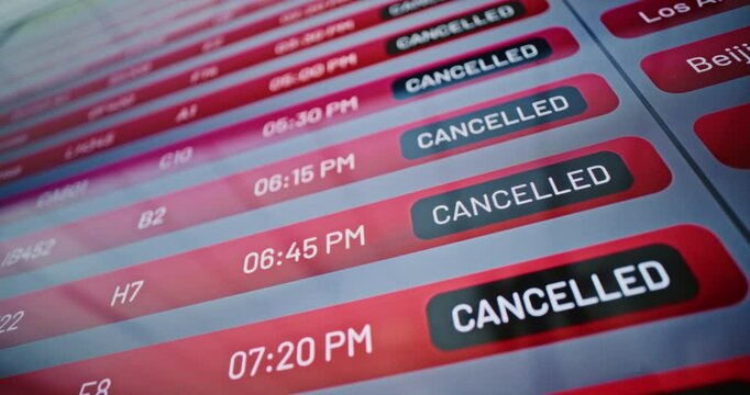 Airport Terminal: Close Up of Arrival and Departure Information Board. Digital Timetable Screen Showing Flight Data For Passengers. Flights Cancellation Due to Dangerous Weather or Security Issues.