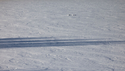 Patterns and shadows in snow on frozen Alaskan lake
